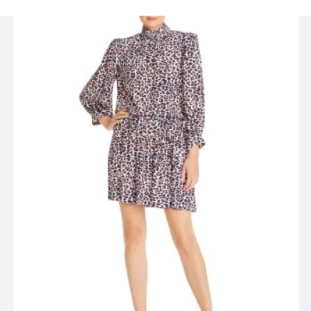Zadig & Voltaire Rivali Print Leopard Dress L White Pink Blue-Black High Neck